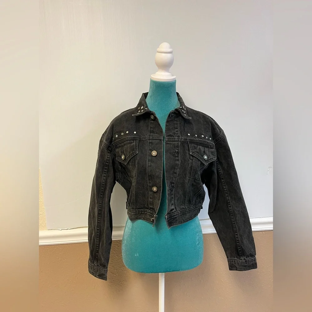 Vintage 80s LA Gear Studded Black Denim Jacket -‎ 100% Cotton - Size M